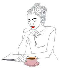Beautiful Girl with Cup of Coffee ilne art illustration, black ang white icon