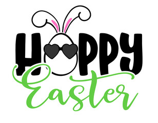 Naklejka premium Hoppy Easter - hand drawn modern calligraphy design vector illustration. Perfect for advertising, poster, announcement or greeting card. Beautiful Letters. Bunny ears and easter egg