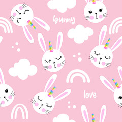 Cute white bunny faces with unicorn hors - funny doodle, seamless pattern. sleeping mask, stars, hearts. Cartoon background, texture for bedsheets, pajamas.
