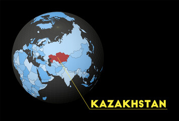 Kazakhstan on dark globe with blue world map. Red country highlighted. Satellite world view centered to Kazakhstan with country name. Vector Illustration.