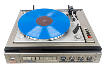Fototapeta premium Vintage turntable record player with blue vinyl