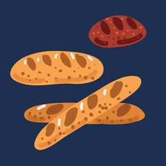 Cartoon vector illustration of bread. Rye, whole grain and wheat bread,french baguette