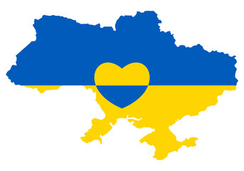 Ukraine map with heart icon. Abstract patriotic ukrainian flag with love symbol. Blue and yellow conceptual idea - with Ukraine in his heart. Support for the country during the occupation. Stop war.