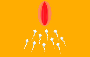 a crowd of sperm moving into the vagina on a yellow background 