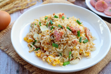 Fried rice with fermented pork and vegetables - In Thai food called Khao Pad Naem at close up view