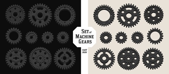 Set of machine cast iron gears in vintage style. Good for decoration in steampunk style. Vector.