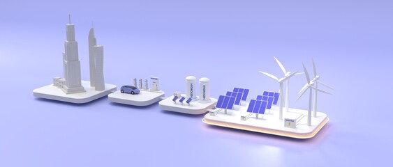 Smart grid concept, isometric 3d render. Sustainable energy farm with wind turbines, solar panels and hydrogen storage tanks. Eco green city with skyscrapers and electric car on charger station