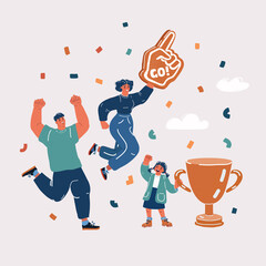 Vector illustration of Young family being happy about sport achievement award. Parents and children cheering daughter about winning sporting competition. Sport, win, family concept