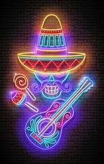 Glow Mexican cactus in sombrero with guitar. Cute singer, mariachi. Shiny Neon Poster, Flyer, Banner, Postcard, Invitation. Brick Wall. Vector 3d Illustration. 