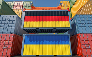 Cargo containers with Germany and Ukraine national flags. 3D Rendering 