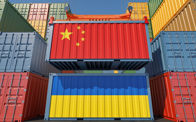 Cargo containers with China and Ukraine national flags. 3D Rendering 