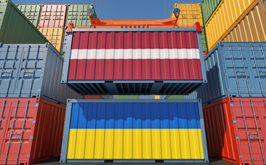 Cargo containers with Latvia and Ukraine national flags. 3D Rendering 