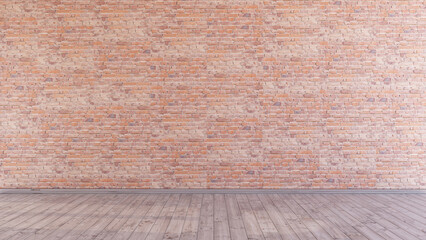 Red brick wall and wooden oak floor and in a modern interior scene, visualization of an empty room, 3d render design illustration