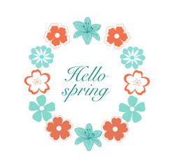 Hand drawn lettering Hello spring card with decorative floral frame