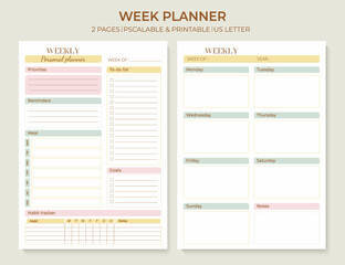 Minimal printable weekly planner page templates. Weekly to-do list, tasks, goals and reminders for a week. Menu plan and habit tracker. Vector graphic set for everyday routine.