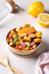 Vegan Plant based fish, fishless fingers with roasted vegetables