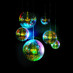Mirror balls above dance floors. Awesome image of kaleidoscopic-looking disco balls hanging against...