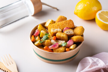 Vegan Plant based fish, fishless fingers with roasted vegetables