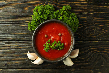 Concept of tasty food with adjika, top view