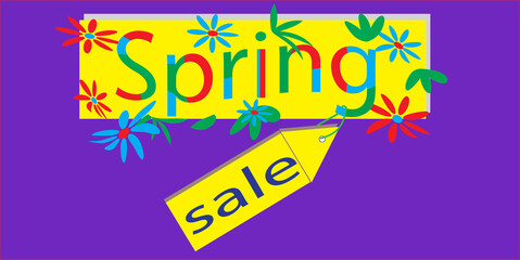 Spring sale vector design template. Contrasting yellow ad with text on a purple background.