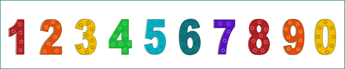 Set of colorful children's numbers. Vector illustration isolated on white background. Funny digital font for kids. 1, 2, 3 signs for counting and teaching children of nursery, kindergarten and school.