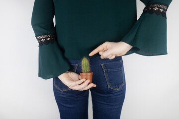Concept. A woman holds a cactus as a symbol of rectal pain. Varicose veins of the lower intestine....