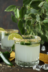 Concept of drink with Jalapeno cocktail, close up