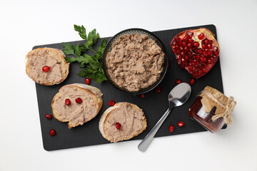 Concept of tasty food with pate appetizers, top view