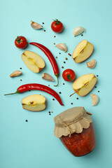 Concept of tasty food with adjika, top view