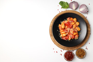 Concept of tasty food with gnocchi, space for text