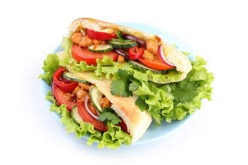 Plate with pitas with chicken meat isolated on white background