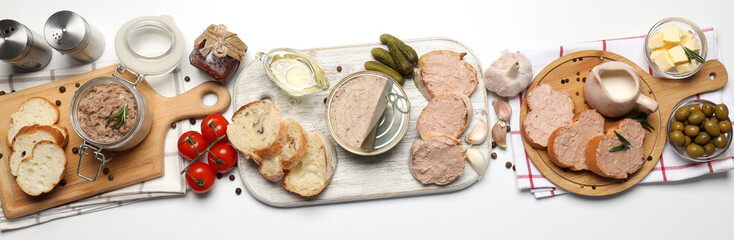 Concept of tasty food with pate appetizers, top view