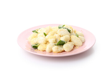 Plate with gnocchi isolated on white background