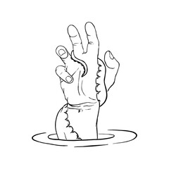 vector sketch illustration of a man drowning and raising his hand for help out of the water