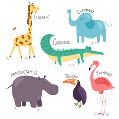 Wild animals collection set and their names isolated on white. Hand drawn giraffe, elephant, crocodile, hippopotamus, toucan, flamingo. Cartoon exotic mammal, bird and reptile. Africa safari character