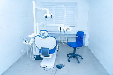 Dental office with dental chair and tools . Dental Hygiene and Health