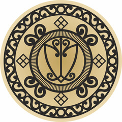 Vector gold round Yakut ornament. Amulet for wealth and business success. Talisman of the peoples of the Far North, Siberia, Tundra.
