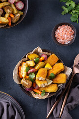 Vegan Plant based fish, fishless fingers with roasted vegetables