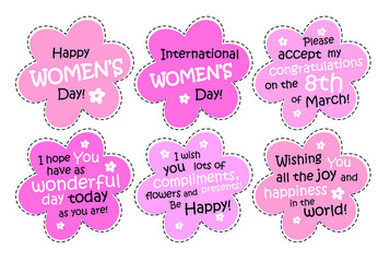 set of tags. March 8th. happy women's day.congratulations for girls. International Women's Day.isolation elements flower shape.pink greeting cards.