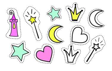stickers for the princess. kids stickers vector. simple vector illustrations. the attributes of a princess. crown, castle, magic wand, stars. bright colors