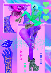 Contemporary digital collage art. Retro girl back in 90s style. Sexy fashion accessories and...