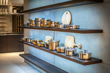 shining copper pots and pans on open shelves