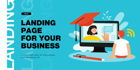 Back view of boy watching online lecture. Schoolboy sitting in front of huge monitor with female teacher on screen flat vector illustration. Online education, school concept for banner, website design