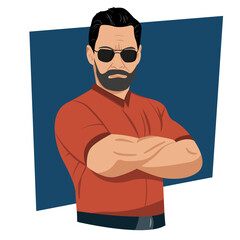 Brutal man in red shirt vector illustration. Strong man with sunglasses character design. Isolated on white background