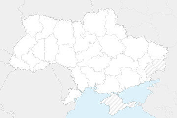 Blank map of Ukraine with regions, administrative divisions and territories claimed by Russia. Editable and clearly labeled layers.