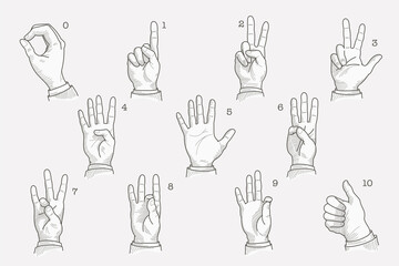 Numbers set in a deaf-mute hand gesture alphabet. © kaer_fstock