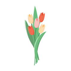Beautiful flat icon of bouquet tulips or flowers isolated on white background. Spring or summer concept in flat style.