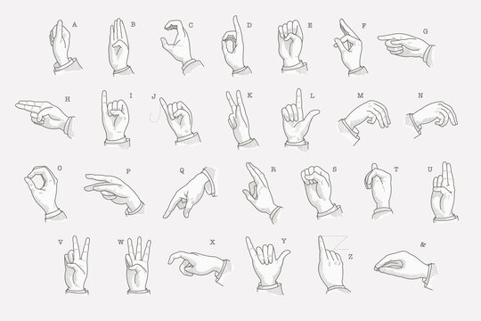 Full letters set  in a deaf-mute hand gesture alphabet.
