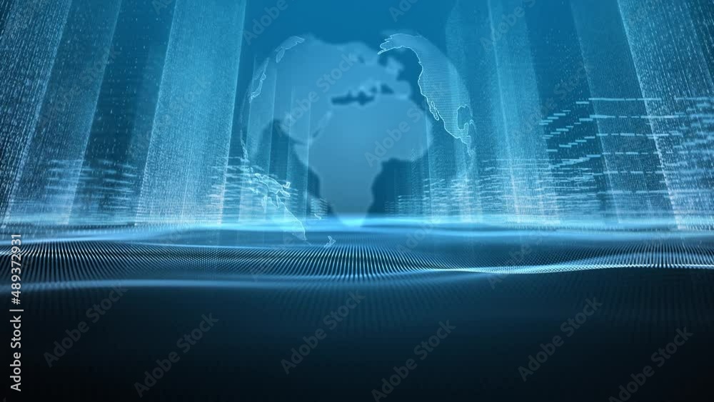 Wall mural seamless loop blurry digital futuristic city in cyberspace with 3d rotating planet earth animation b