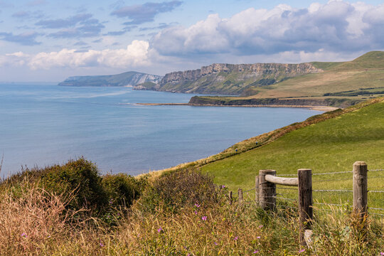 View from the clifftop on the Dorset stretch of the south west coast path with the view towards Kimmeridge Bay and Gad Cliff of Worbarrow